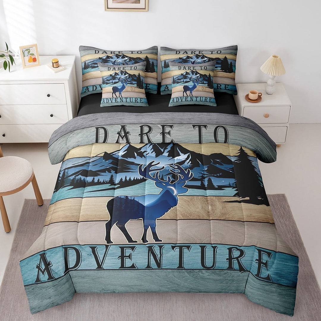 Wild Deer Moose Bedding Twin Size 7pcs Jungle Animal Wildlife Comforter Set, Hunting Theme Bedding Comforter Sets Safari Woodland Reindeer Bed in a Bag, Vintage Lodge Cabin Bedding Accessories