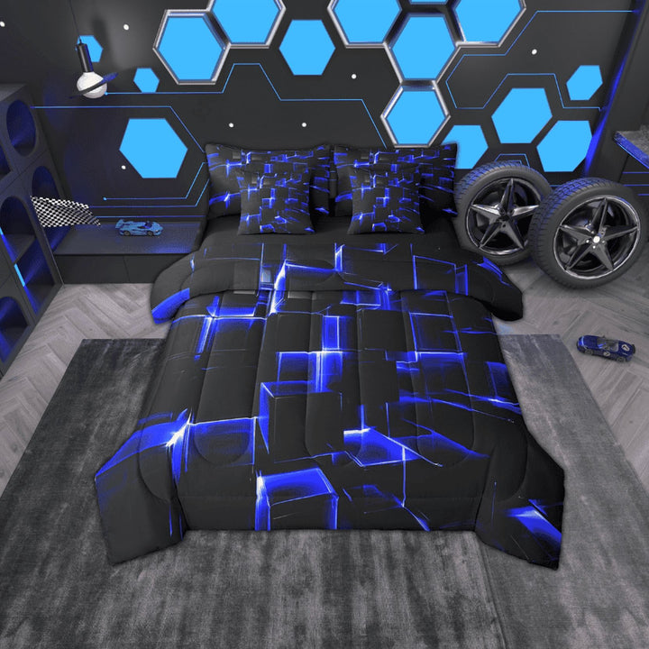 Erosebridal Geometric Buffalo Bedding Sets Twin Size,Black Blue Comforter Sets with Sheets,Lightweight Reversible Bed in a Bag Twin size,Plaid Decor,7pcs