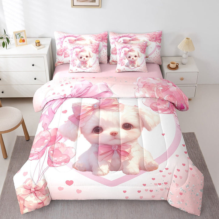 Cute Dog Comforter Set with Sheets Kawaii Puppy Pink Bowknots 7 Piece Bedding Set Twin Size Happy Valentine&