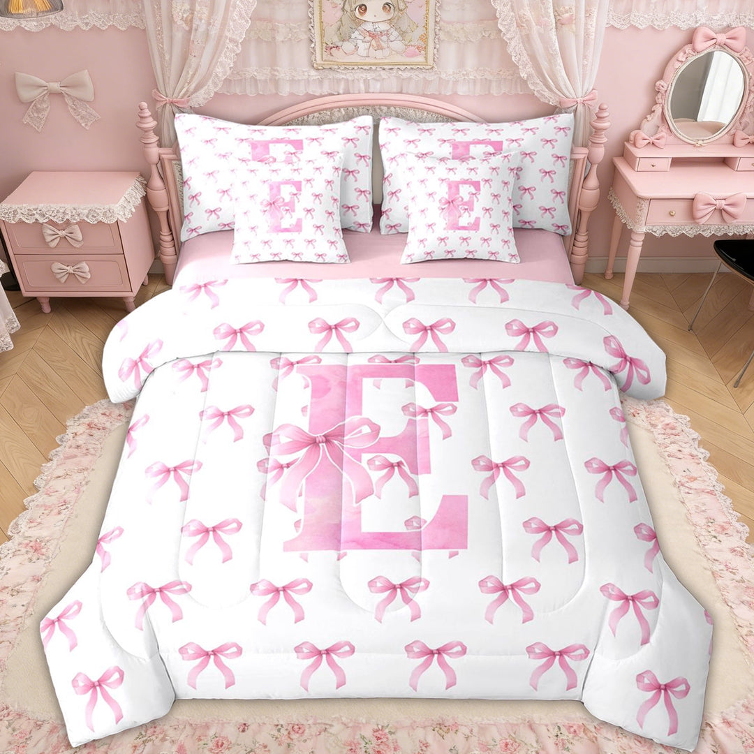 Erosebridal Bow Letter E Twin Bedding Sets for Girls, Pink Watercolor Ribbon Bedding Comforter Set, Pink Reversible, 7pcs