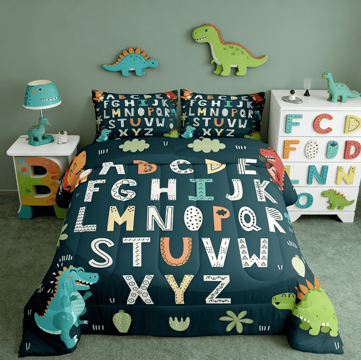 Manfei Alphabet Kids ABC Learning Full Size Comforter Sets, Cartoon Dinosaur Bedding Sets For Boys Girls,Jungle Dino Duvet 3pcs