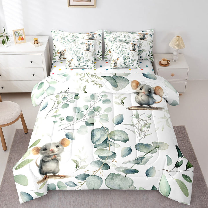 Erosebridal 7-Piece Cute Animal Bedding Twin Cartoon Mouse Comforter Set, Eucalyptus Bedding Comforter Sets Watercolor Leaves Bed in a Bag, Kawaii Animal Mice Bedding Accessories