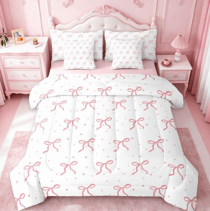 Manfei Girls Pink Bowknot 7 Pieces Bedding Comforter Set,Girly Bows Cartoon Full Bedding Set,Princess Galaxy Stars Bedding Reversible