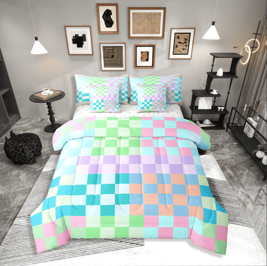 Erosebridal Teens Lattice Checkerd Bedding Sets Twin Size,Buffalo Plaid Comforter Sets with Sheets,Teens Bedroom Decor,Breathable,7-Piece