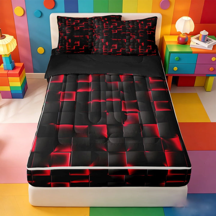 meiyoeat Red Checkered Grid Zipper Full Size Comforter Sets with Fitted Sheet and 2 Pillowcases For Boys,3D Modern Abstract Geometric Zipper Bedding Set For Kids,Black Reversible,4 Pieces