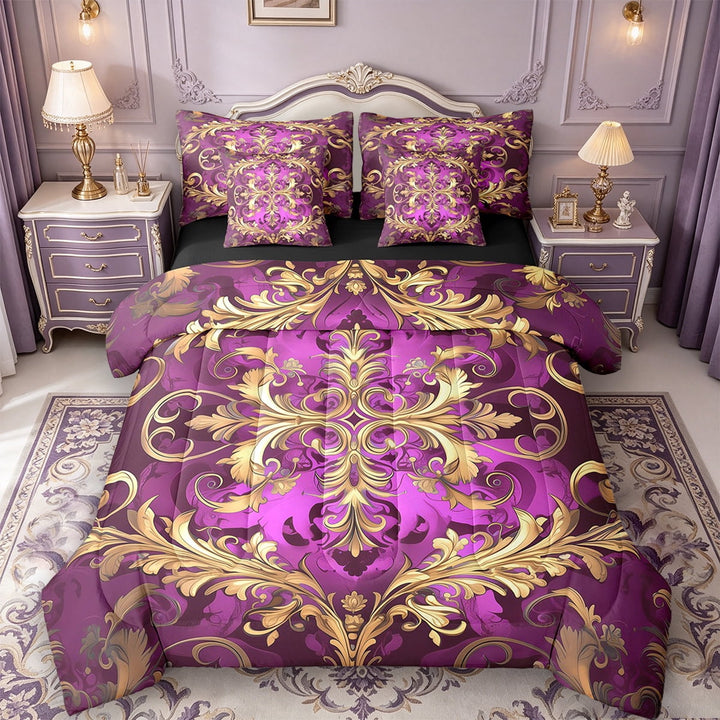 Erosebridal Retro Damask Flower Bed in a Bag King Size,Boho Bohemain Bed Set,Gold Pink Gothic Flower Bedding King Size For Kids,Breathable Bedroom Decor Reversible,7 Pieces
