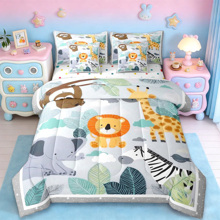 Erosebridal Zoo Animal Lions 7-Piece Twin Bedding Sets,Tropical Botanical Monstera Leaf Bedding Comforter Set For Boys Teens,Reversible