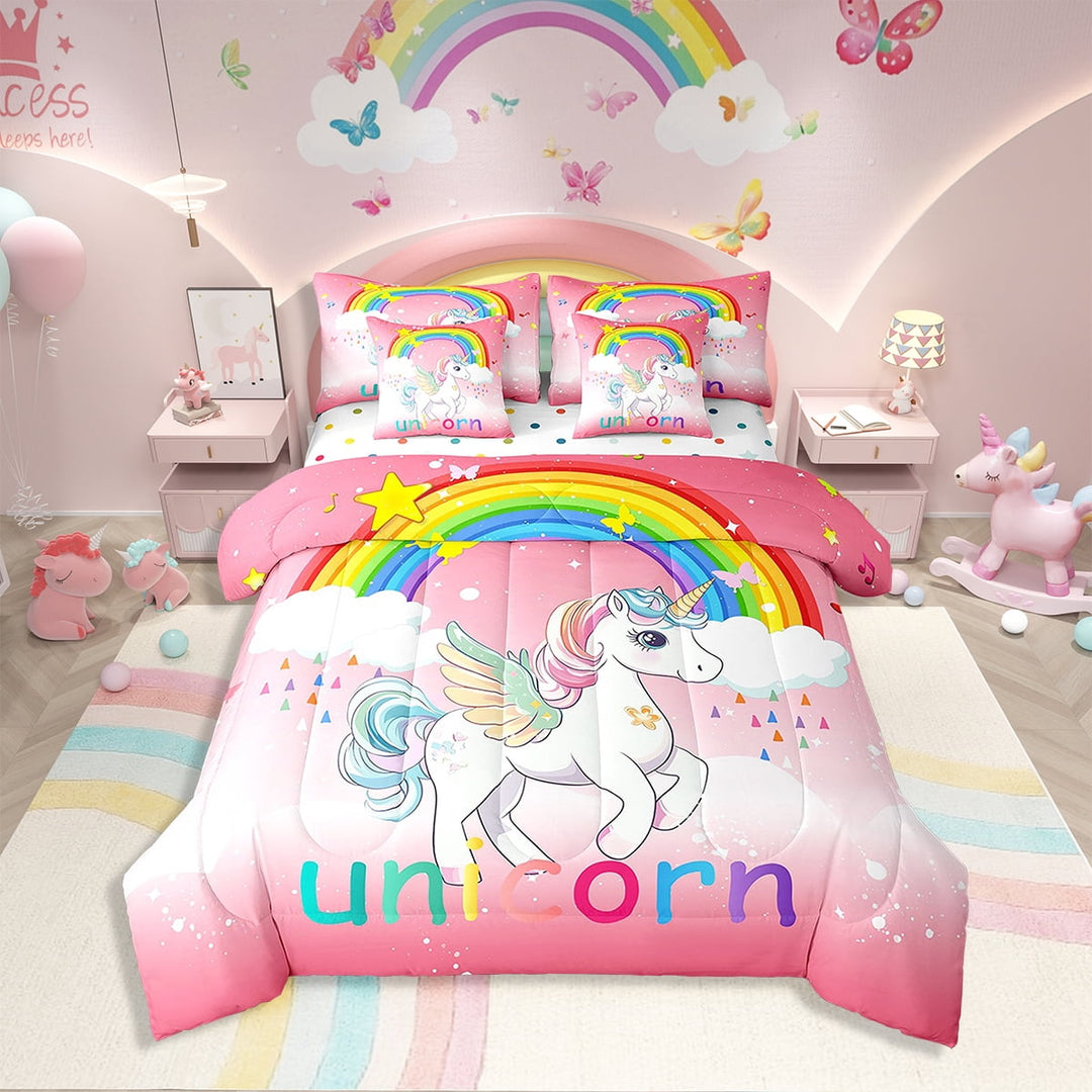 7 Pcs Comforter Set Twin Size,Pink Unicorn Horse Bed in a Bag with Flat Sheet and Fitted Sheet Teens Adult,Kawaii Rainbow Unicorn Stars Bedding Set with Pillowcase and Sham