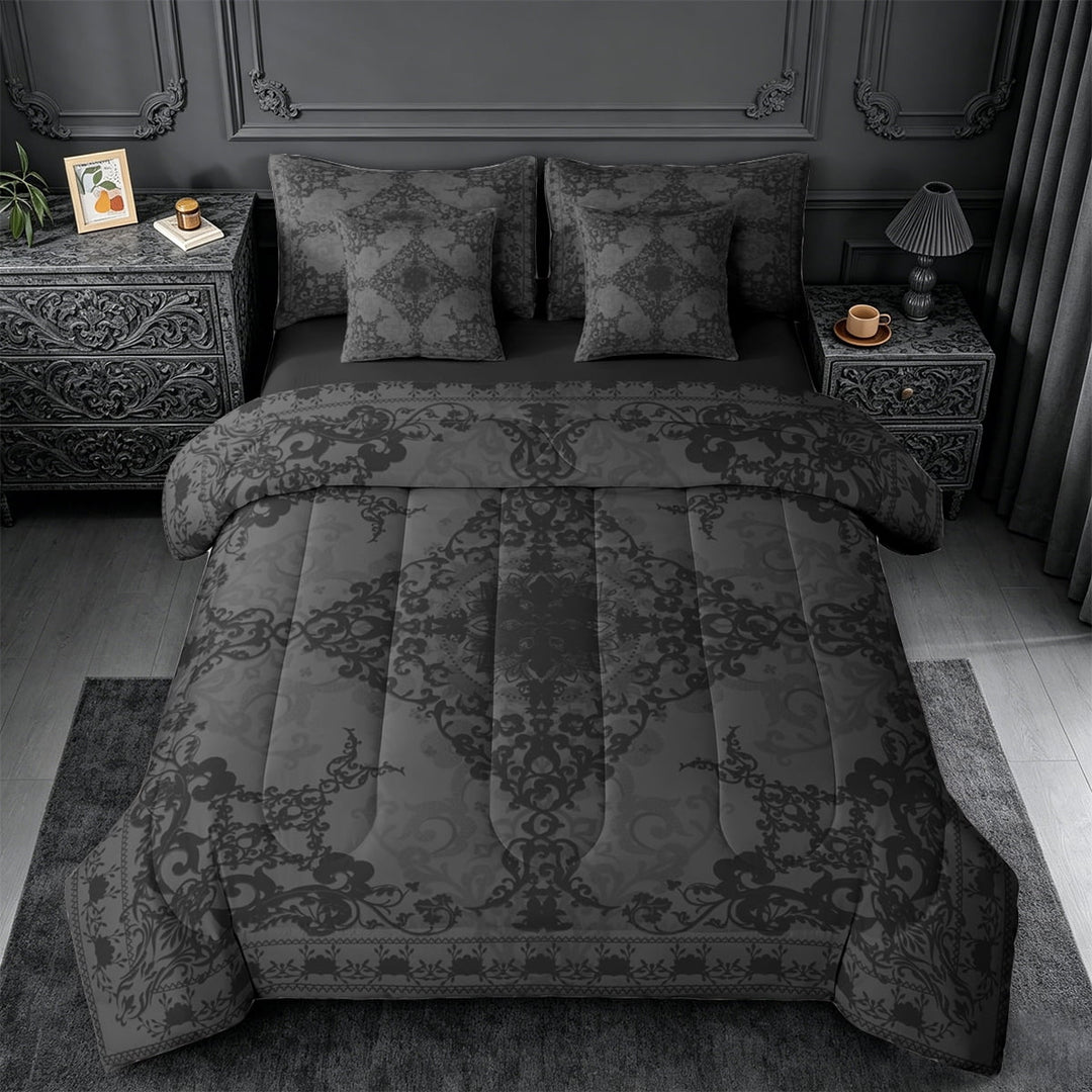 Erosebridal Retro Damask Flower 7pcs Bedding Comforter Set,Vintage Bohemian Floral Queen Bedding Sets For Men Women,Reversible black