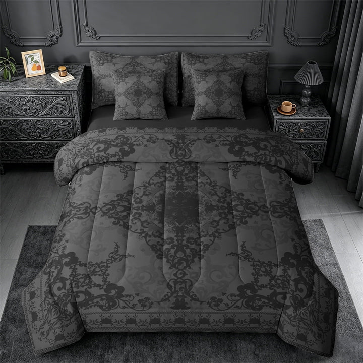 Erosebridal Retro Damask Flower 7pcs Bedding Comforter Set,Vintage Bohemian Floral Queen Bedding Sets For Men Women,Reversible black