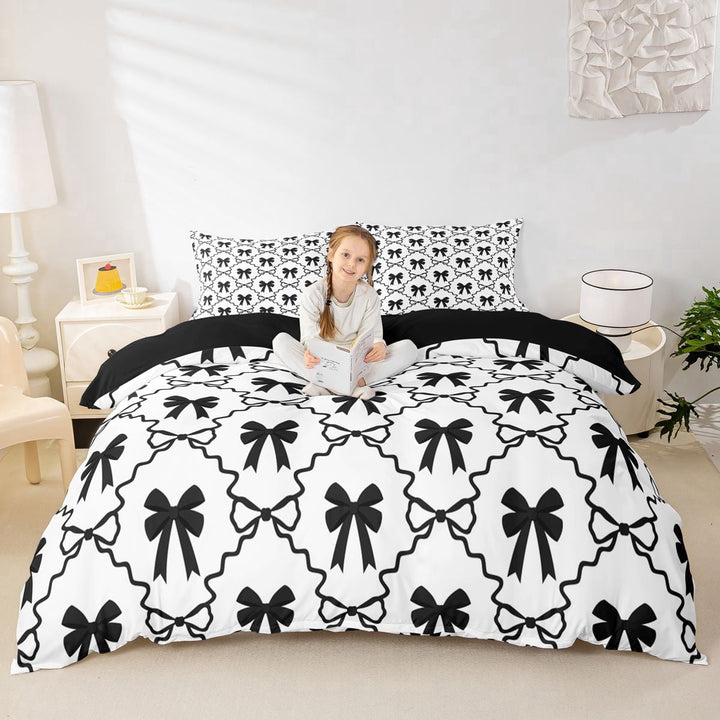 Erosebridal Kawaii Ribbon Bow Duvet Cover Set For Teens,Kids Girls Geometric Grid Bedding Full,Black Reversible,3-Piece,No Comforter