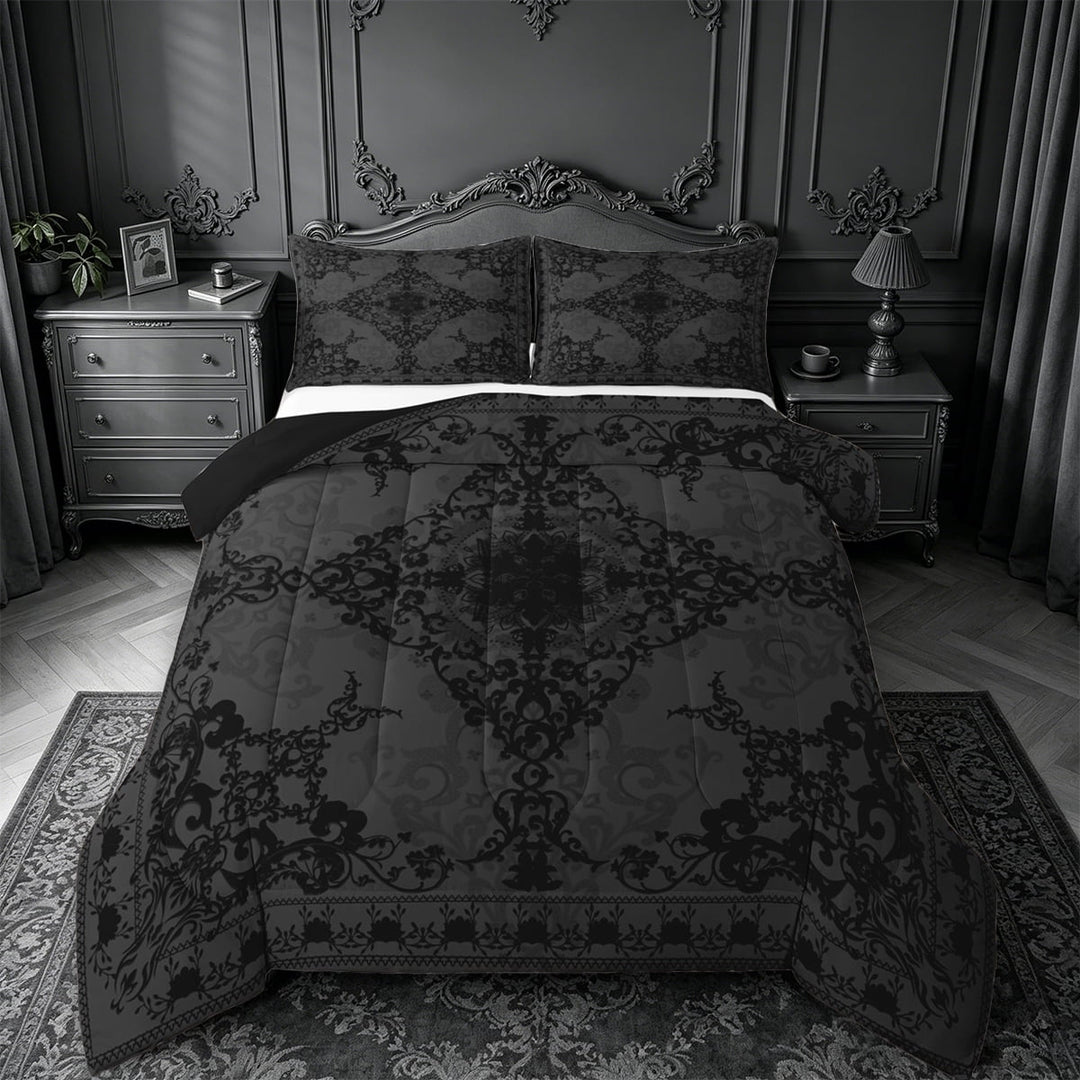 Erosebridal Retro Damask Flower Queen Comforter Set,Vintage Bohemian Floral Bedding Comforter Set For Men Women,Reversible black,3-Piece