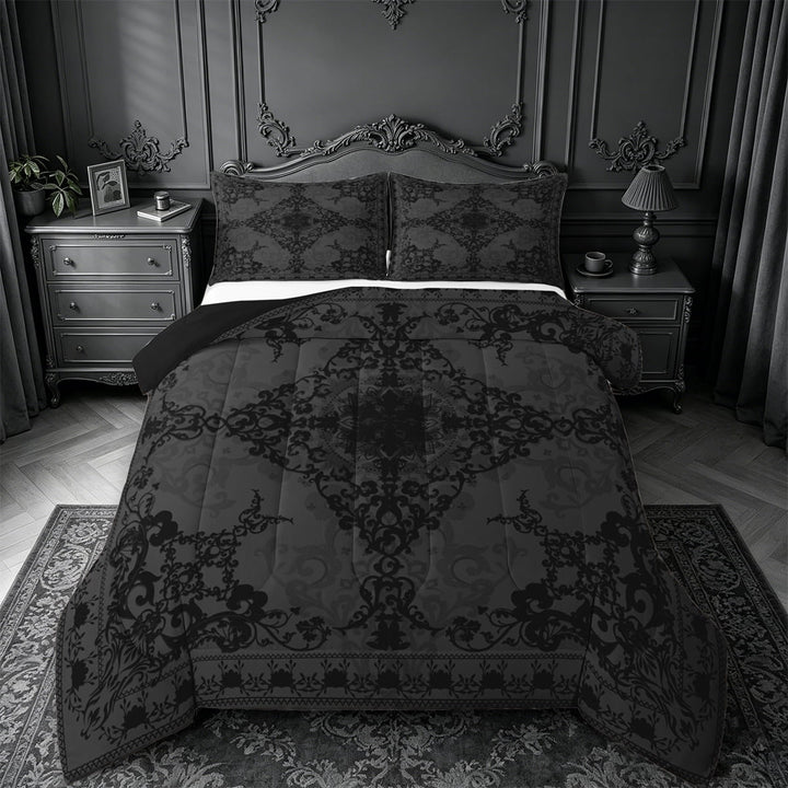 Erosebridal Retro Damask Flower Queen Comforter Set,Vintage Bohemian Floral Bedding Comforter Set For Men Women,Reversible black,3-Piece