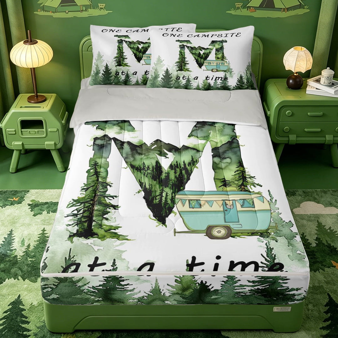 meiyoeat Rustic Cabin Camper Zipper Twin Comforter Sets with Fitted Sheet and 2 Pillowcases For Boys,Rustic Farmhouse Theme Alphabet M Zipper Bedding Set,Light Gray Reversible,4 Pieces