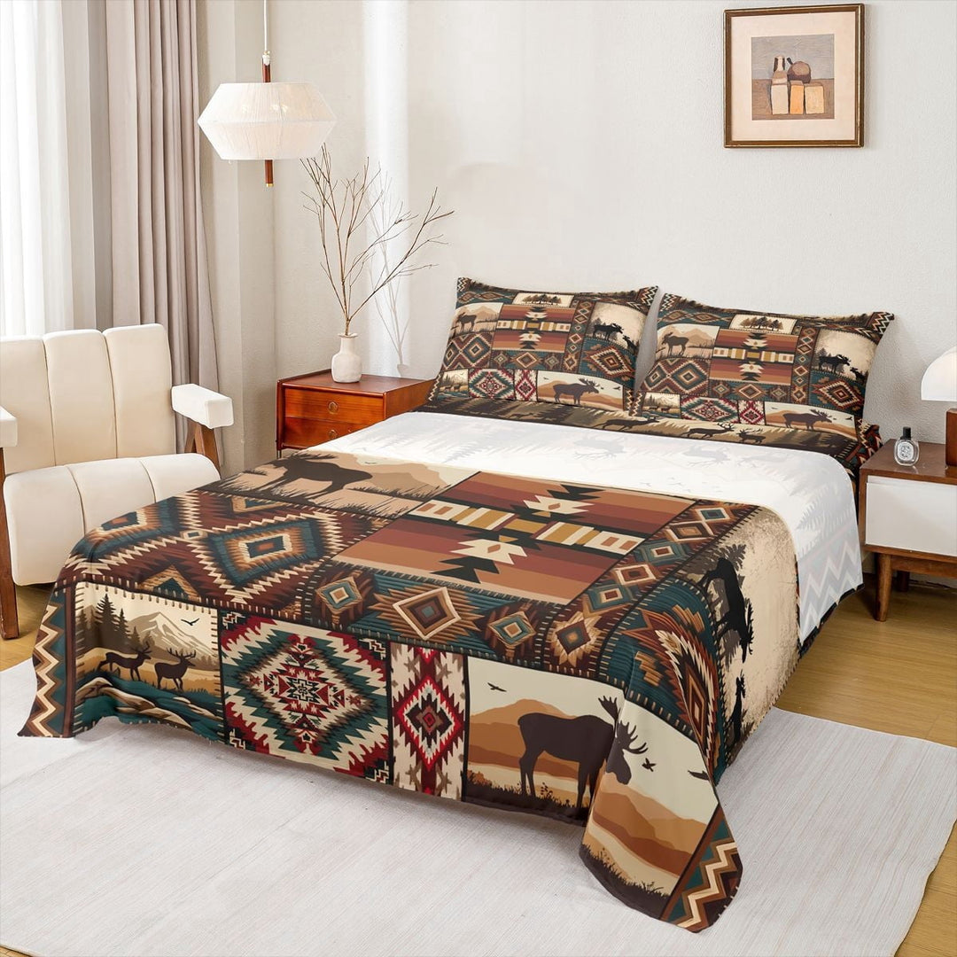 jejeloiu Mountain Moose Bed Sheets,Tribal Print Full Size Sheets For Boys,Brown Green,4-Piece,1 Flat Sheet, 1 Fitted Sheet and 2 Pillowcases
