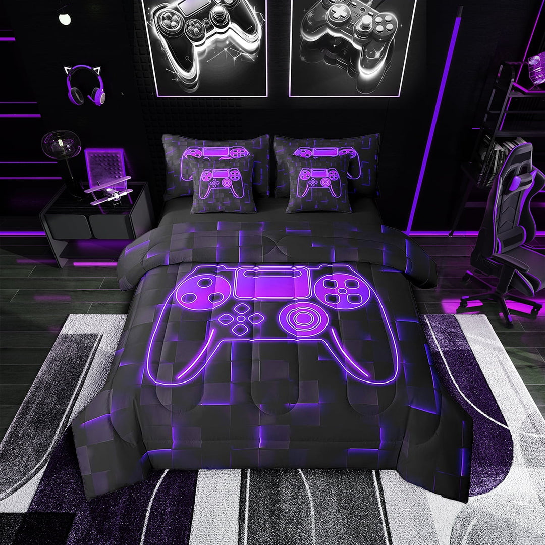 Erosebridal Gaming Bedding Twin Size 7pcs Teen, Futuristic Cubes Comforter Sets with Sheets, Purple