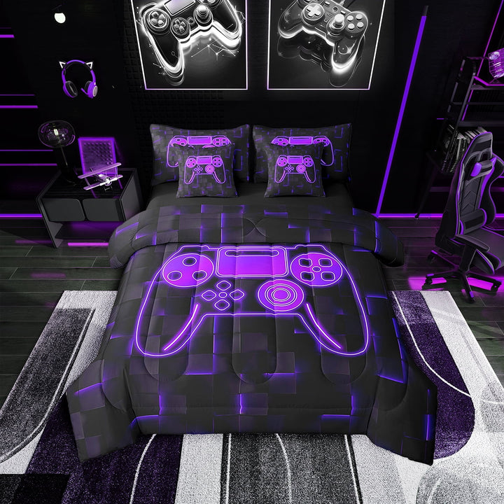 Erosebridal Gaming Bedding Twin Size 7pcs Teen, Futuristic Cubes Comforter Sets with Sheets, Purple