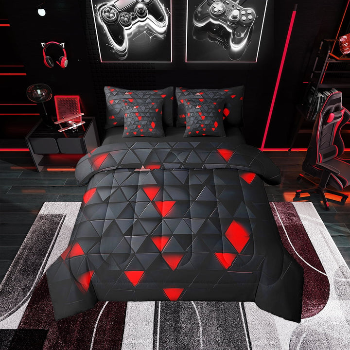 Erosebridal Red and Black Comforter Set With Sheets7 piece Triangle Bedding Set Twin Size Geometric Bed in a Bag Modern Bed Set with Comforter,Sheets,Pillowcases
