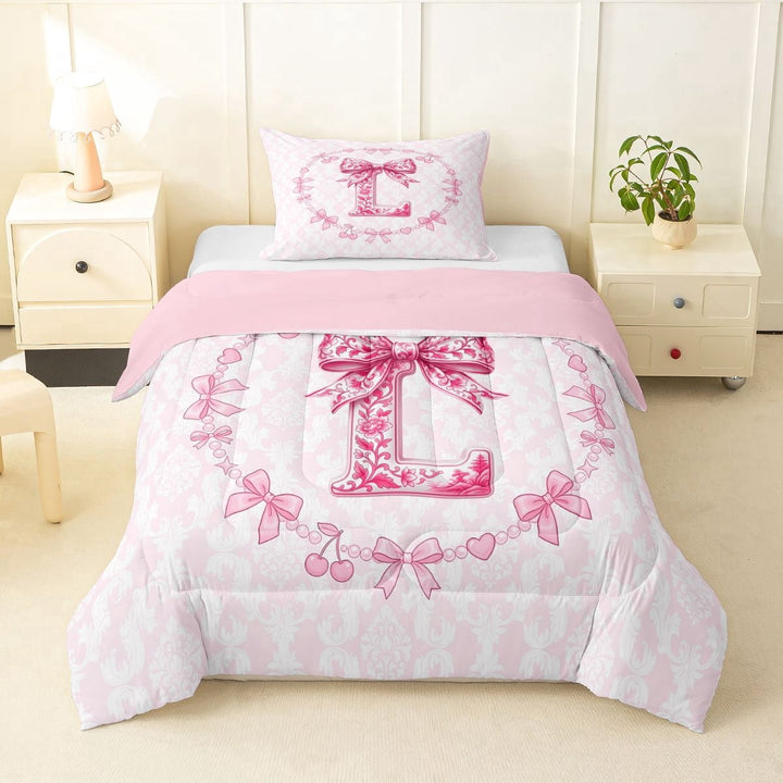 Erosebridal Floral L Letter Kids Twin Comforter Sets, Pink Damask Flower Bedding Set, 2pcs