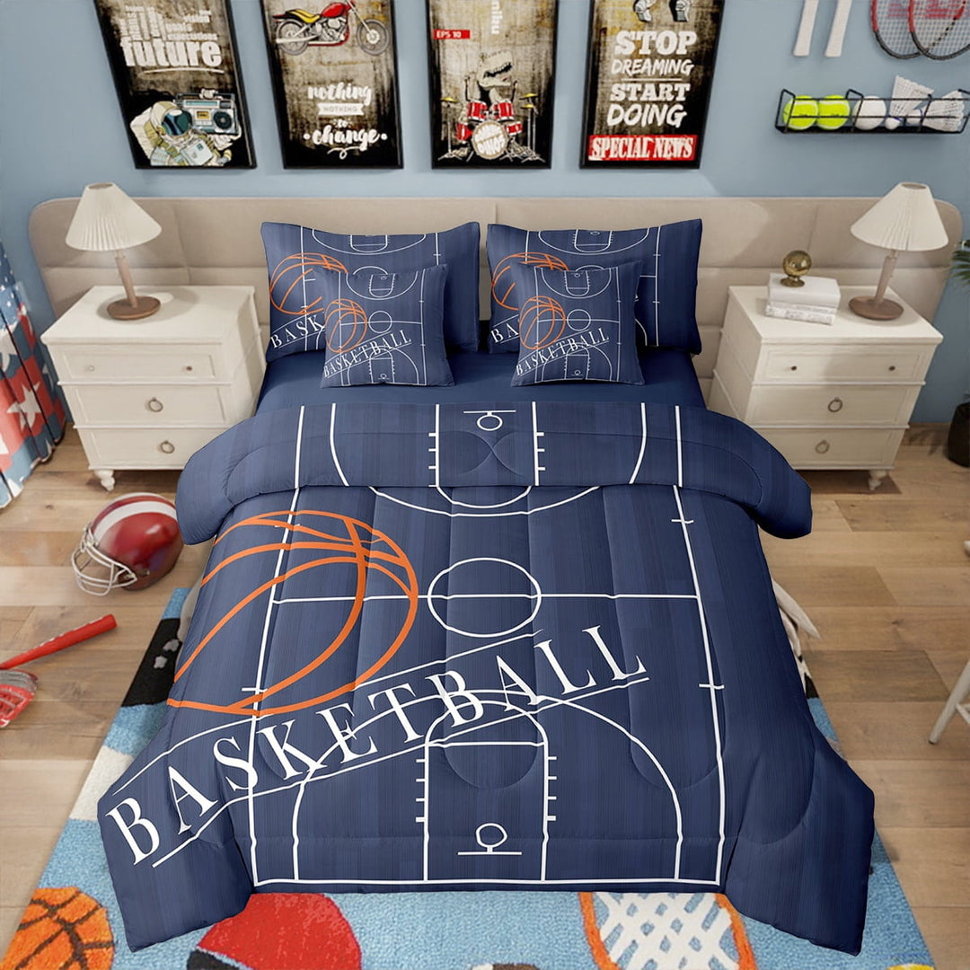 7 Pieces Sports Full Size Comforter Set Basketball Bedding Comforter Sets, Basketball Print Reversible Bedding Set Ball Game Bed in a Bag, Basketball Court Bedding Sets &amp; Collections