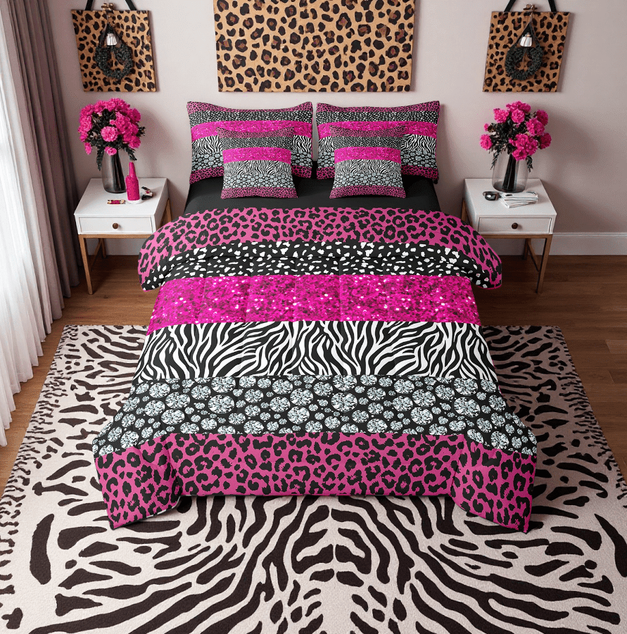 7Pcs Girly Pink Glitter Leopard Print Comforter Set Full, Watercolor Diamond Sequins Pattern Bedding Sets Kawaii Cheetah Print Bed Set For Bedroom(No Glitter No Sequin)