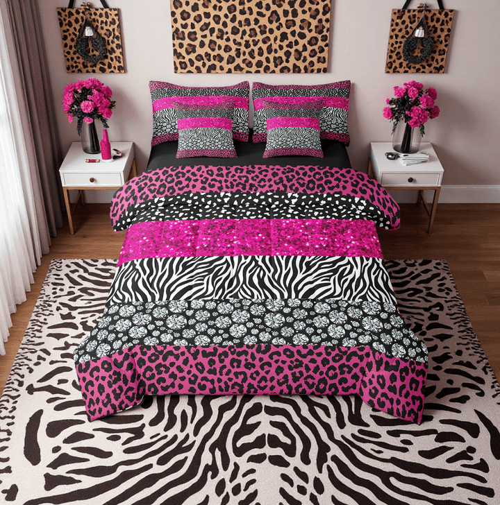 7Pcs Girly Pink Glitter Leopard Print Comforter Set Full, Watercolor Diamond Sequins Pattern Bedding Sets Kawaii Cheetah Print Bed Set For Bedroom(No Glitter No Sequin)