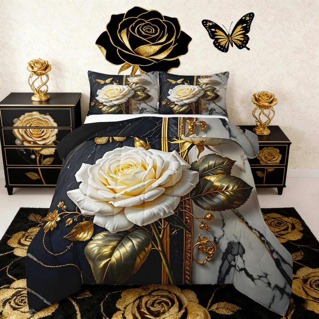 Manfei Botanical Flower Comforter Sets Full Size, Chic Floral Comforters &amp; Duvets, Gold Leaves Bedding Full Comforter Set, Lightweight Room Decoration, 3-Piece Reversible