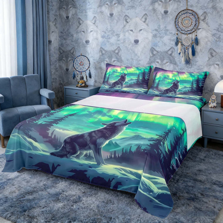Erosebridal Wolf Howling at Teal Purple Aurora Print Full Size Sheets, Wild Animal Bed Sheets for Men and Women, 1 Flat Sheet, 1 Fitted Sheet and 2 Pillowcases