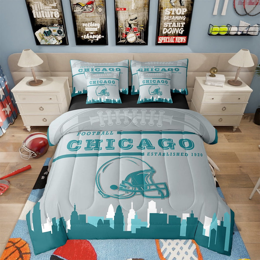 Football Bed in a Bag Twin 7 Piece,Sports Bedding Sets,American Football Fans Bed Set Rugby Player Teal Gray Comforter Set with Sheets Football Lovers Sheets (Chicago)