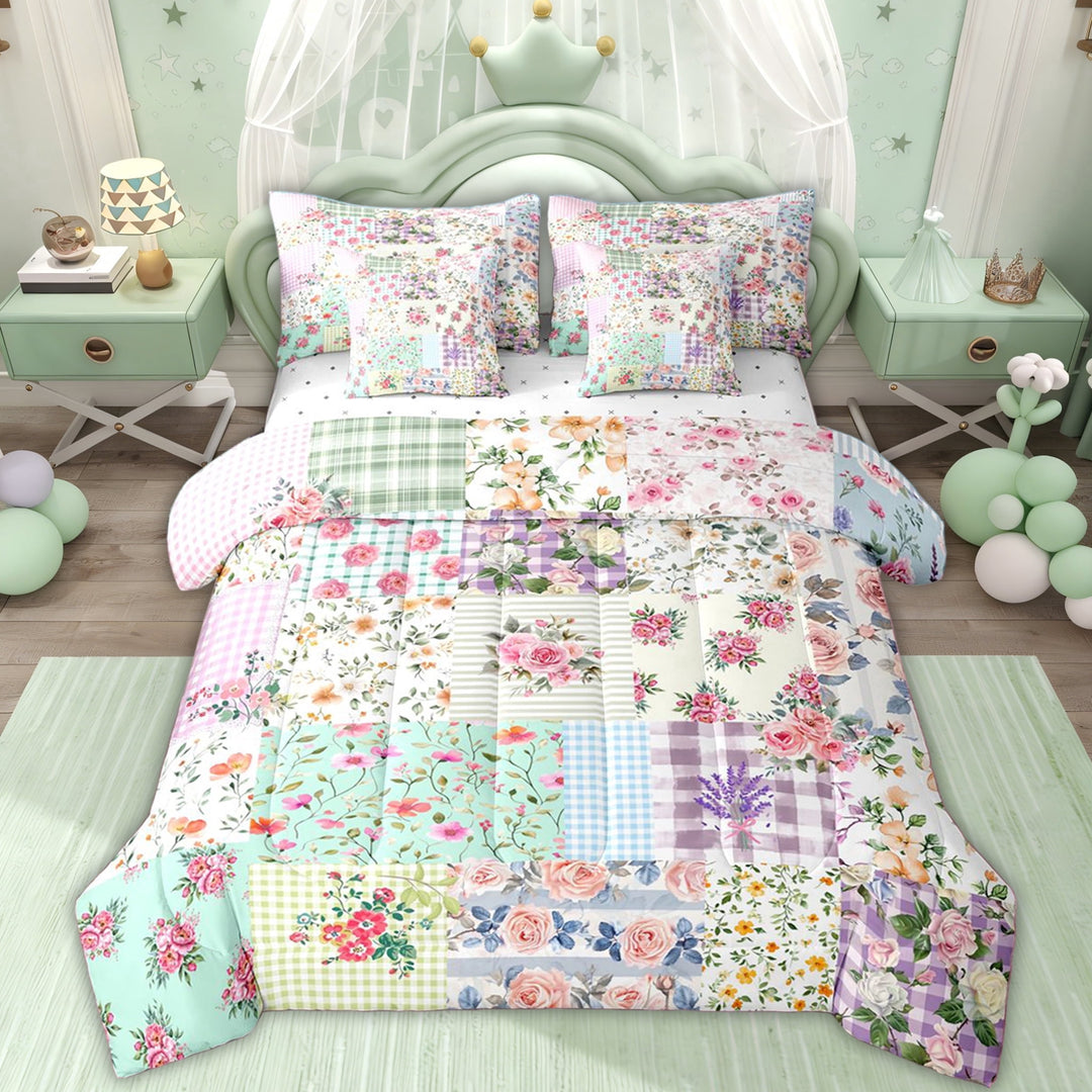 Erosebridal Romantic Flower Floral Twin Bedding Sets for Kids, Retro Buffalo Bedding Comforter Set, 7-Piece