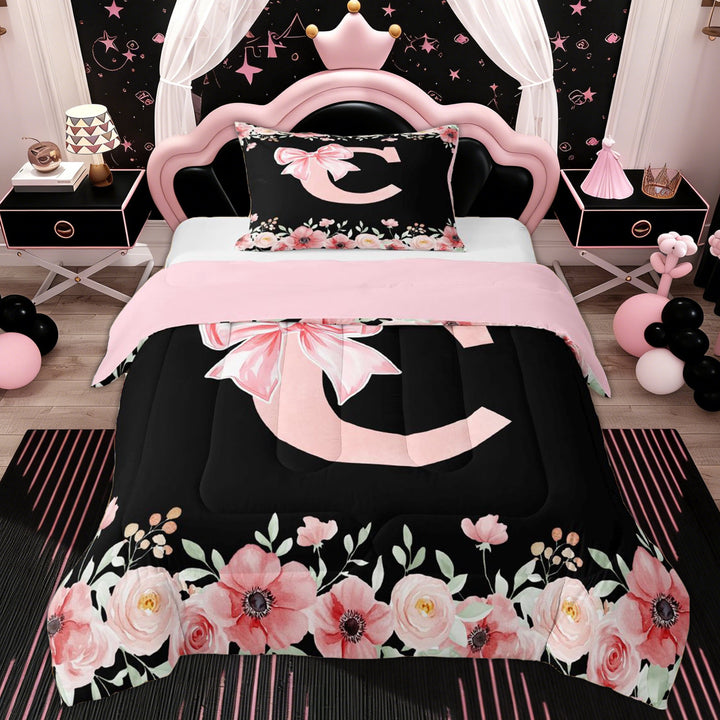 Erosebridal Cute Bowknot Floral Twin Comforter Sets, Black Pink Initial C Bedding Set, 2pcs