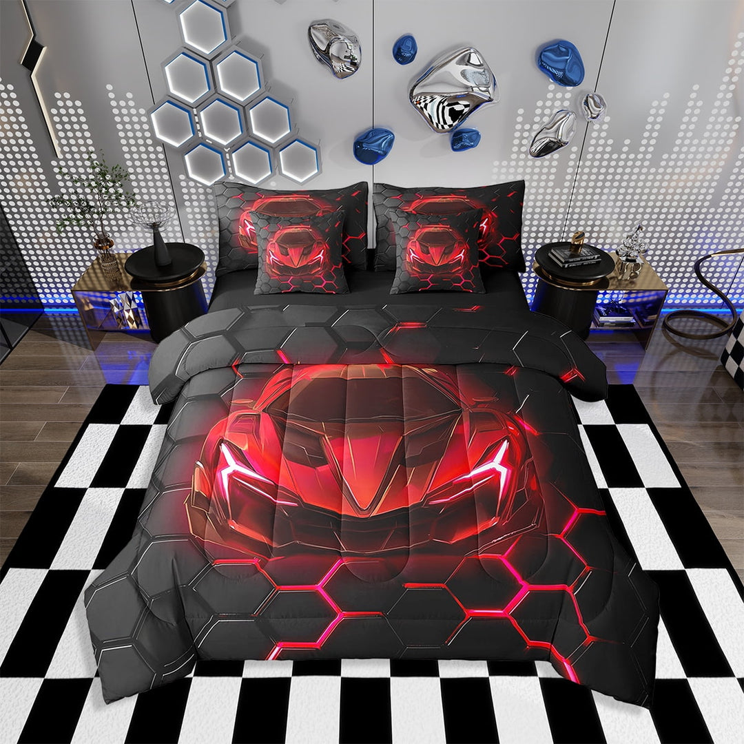 Erosebridal 7 Piece Bed in a Bag Twin Size Comforter Set Race Car Bedding Set,Neon Honeycomb Reversible Bed Set,Racing Car Comforter with Sheet Set,All Season
