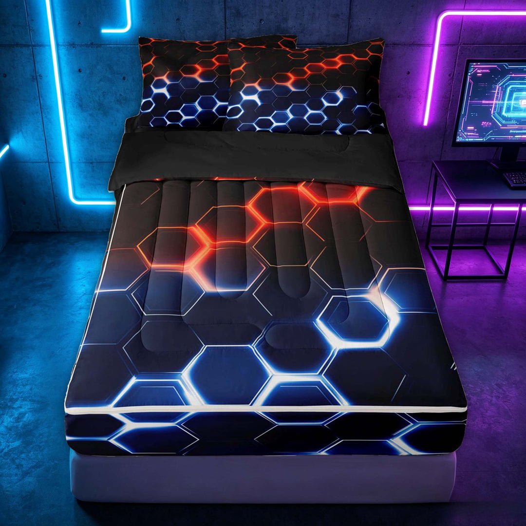 meiyoeat Neon Honeycomb Pattern Zipper Twin Comforter Sets with Fitted Sheet and 2 Pillowcases for Boys Girls, Geometric Hexagon Zipper Bedding Set, Red Blue, Black Reversible