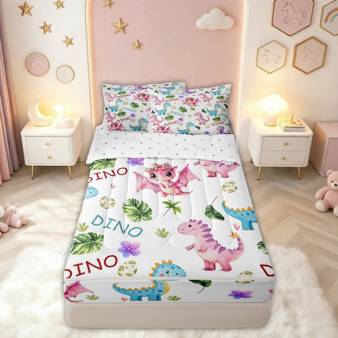 meiyoeat Cute Watercolor Dino Zipper Twin Comforter Sets with Fitted Sheet and 2 Pillowcases for Kids, Jungle Egg Wildlife Zipper Bedding Set, White Pink, Reversible, 4pcs