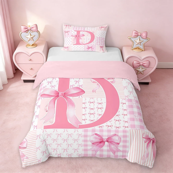 Erosebridal Girl Bowtie Personalized Gifts Twin Bedding,Modern Geometric Grid Alphabet D Duvet Cover Set For Kids,Pink Reversible,2-Piece(No Comforter)