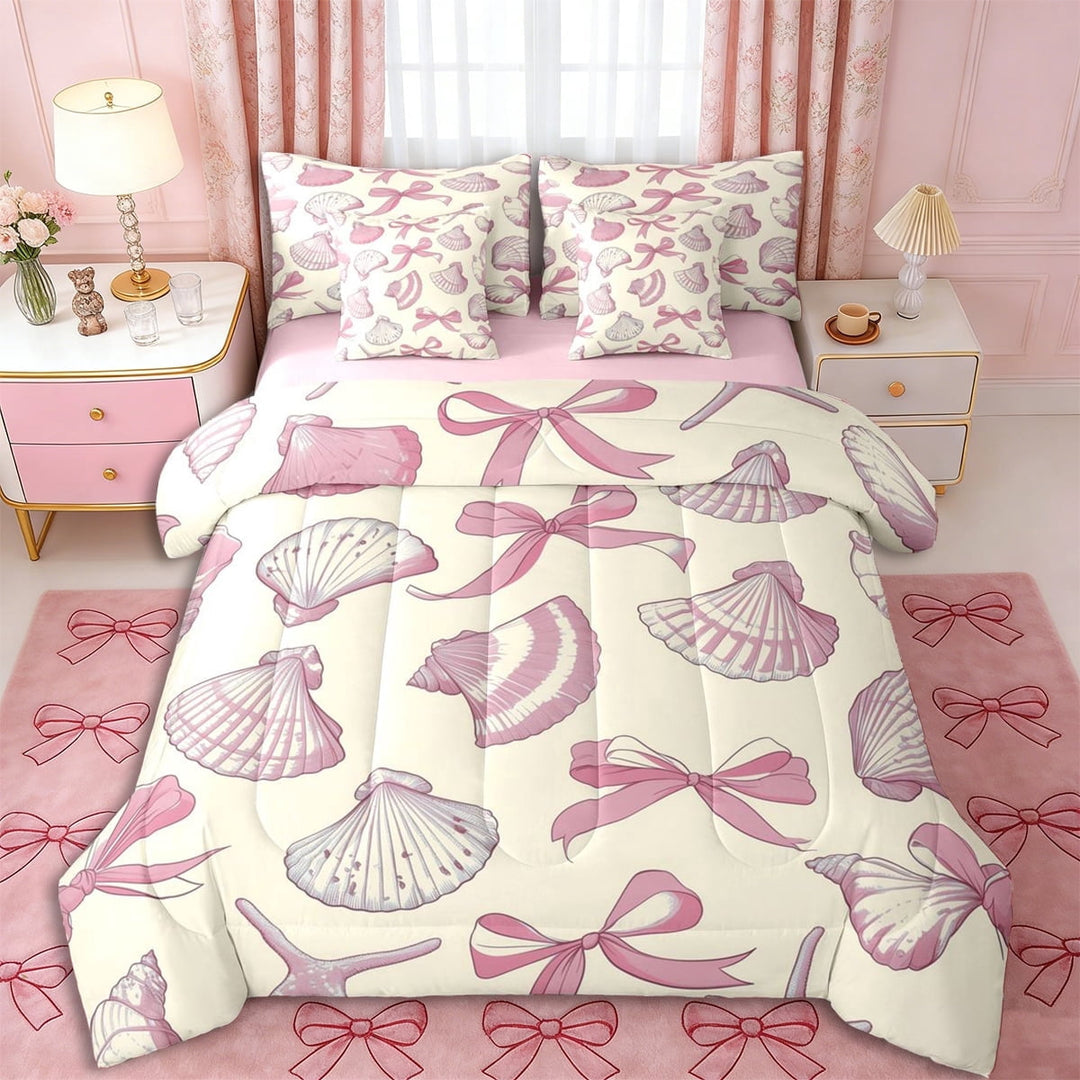 Erosebridal Kawaii Seashell Bowknot Twin Bedding Sets 7-Piece for Kids Girls,Teens Sea Theme Bedding Comforter Set,Pink Reversible,Super Cozy Room Decor
