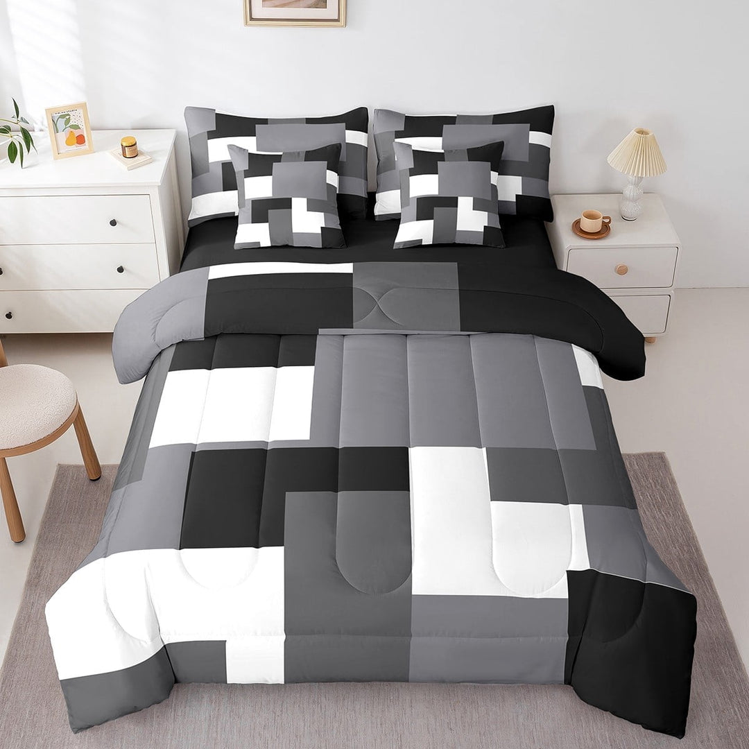 Erosebridal Abstract Plaid Bedding Sets Twin Size,Sqare Rectangle Comforter Sets with Sheets,Geometric Grid Bed in a Bag Twin size,Microfiber Geometry Room Decorative,Reversible,7pcs