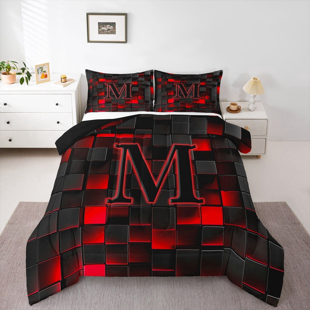 Erosebridal Personalized Initial M Full Size Comforter Sets 3 Pieces For Teens Adults,Boys Girls Geometric Plaid Bedding Sets,Black Reversible