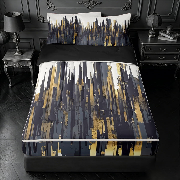 meiyoeat Abstract Gold Geometric Zipper Full Size Comforter Sets with Fitted Sheet and 2 Pillowcases For Kids,Modern Art Print Zipper Bedding Set,Black Reversible,4 Pieces