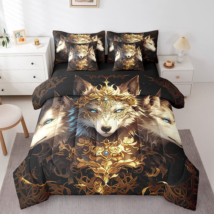 White Wolf Bed in a Bag 7 Piece Queen Size Cool Animal Wolf Bedding Sets Bohemian Exotic Comforter Set with Sheets 3D Wildlife Wolf Bed Set Boho Wolf Sheets