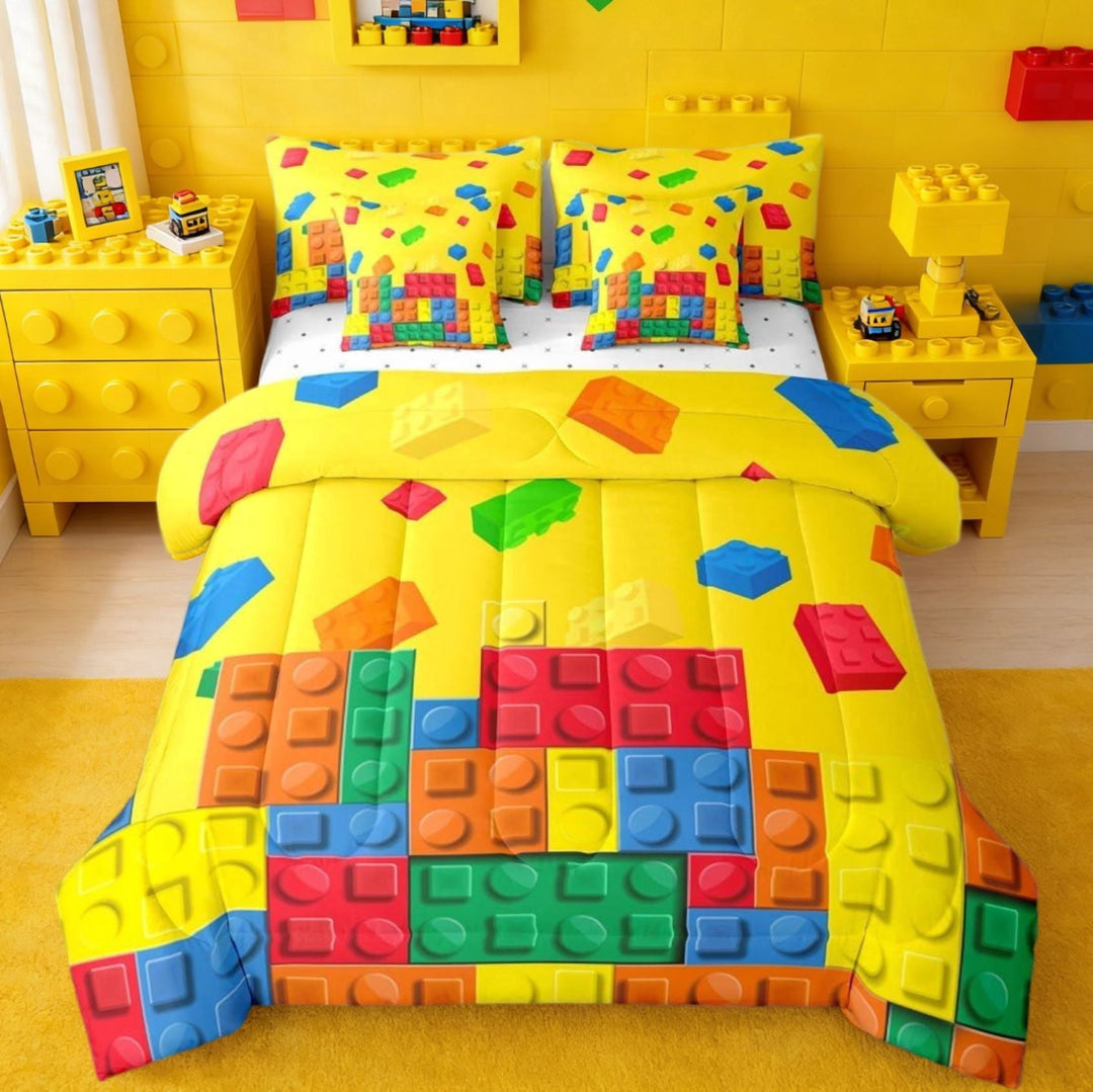 Manfei Building Block Print 7 Pieces Bedding Comforter Set,Brick Styles Full Bedding Set For Boys Teens Colorful Gaming Yellow Reversible