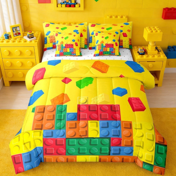 Manfei Building Block Print 7 Pieces Bedding Comforter Set,Brick Styles Full Bedding Set For Boys Teens Colorful Gaming Yellow Reversible