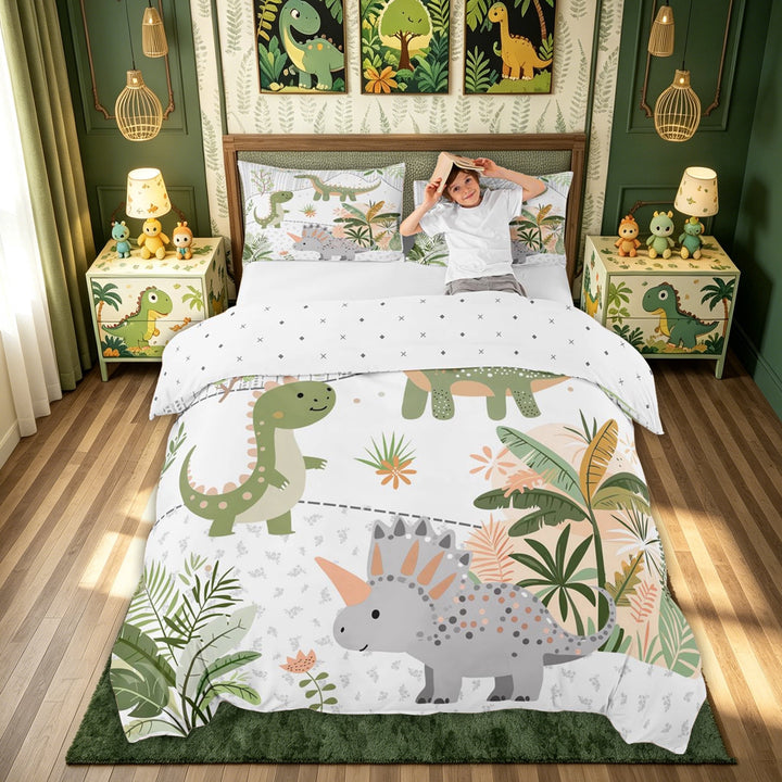 meiyoeat Cute Dinosaur Animal Bedding for Kids Boys, Cartoon Jungle Leaf Duvet Cover Full, Green White, Reversible, 3 Pieces