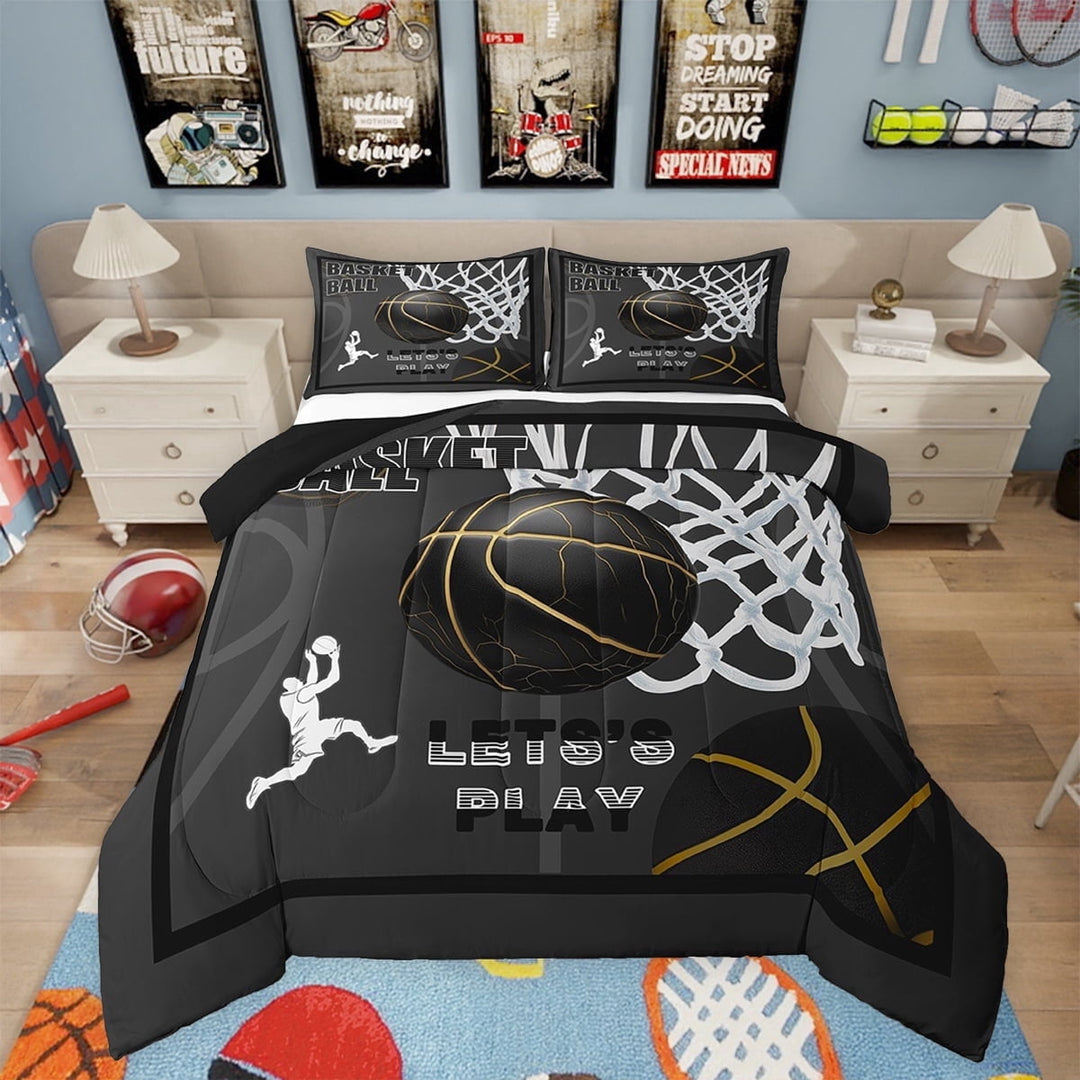 Erosebridal Basketball Comforter Set Queen Size Basketball Player Bedding Set 3D Ball Pattern Gaming Sports Black Comforter Sports Theme Quilt Set