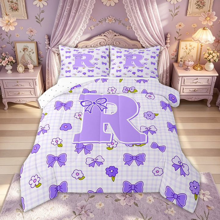 meiyoeat Cute Bow Letter R Full Size Comforter Sets, Floral Plaid Bedding Comforter Set for Kids Girls, Purple, Reversible, 3pcs, 1 Comforter and 2 Pillowcases