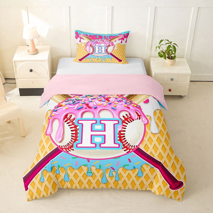 Erosebridal Ice Cream Drip Dessert Boy Twin Bedding,Teens Sport Baseball Letter Monogrammed H Duvet Cover Set,Pink Reversible,2pcs,No Comforter