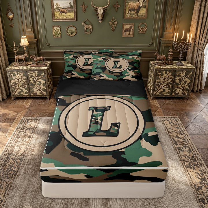 meiyoeat Camo Letter L Zipper Comforter Set with Fitted Sheet and 2 Pillowcases for Kids, Vintage Camouflage Zipper Bedding Set, Green, Black Reversible, 3pcs