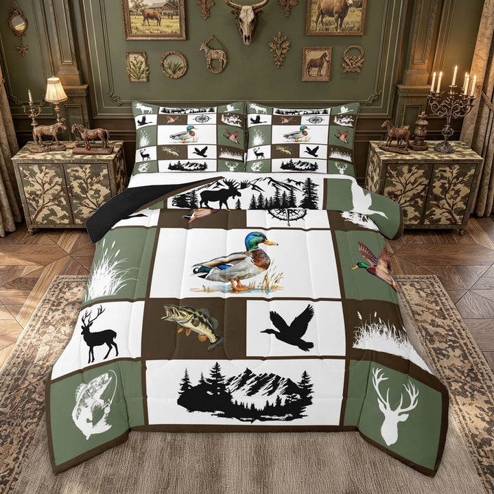 meiyoeat Outdoor Hunting Wildlife Full Size Comforter Sets for Men Boys, Vintage Rustic Cabin Patchwork Bedding Comforter Set, Olive Drab, Black Reversible, 3pcs, 1 Comforter and 2 Pillowcases