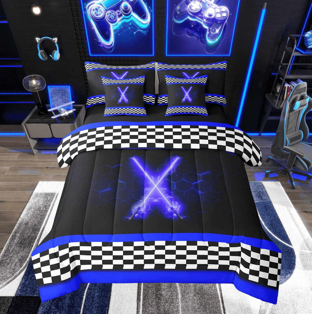 Erosebridal Neon Lightning Bedding Sets Twin Size, Honeycomb Geometry Comforter Sets with Sheets, Blue Stripes Decor, Reversible