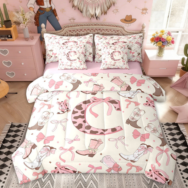 Erosebridal Pink Beige Bowknot Letter C Twin Bedding Sets, Western Cowgirl Boot Bedding Comforter Set for Girls, Pink Reversible, 7pcs